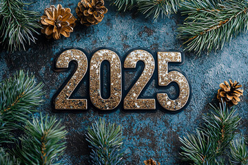 2025 decor amidst festive green pine branches