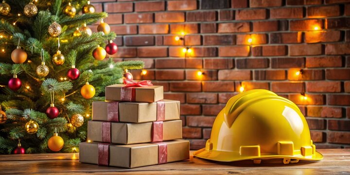 Christmas Gift Boxes and a Construction Hardhat, Christmas, Construction ,construction, christmas