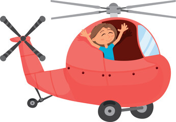 Cartoon helicopter with happy boy. Flying kid aircraft