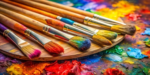 Fototapeta premium Colorful Paintbrushes on Palette, Artist, Art Supplies, painting, art, brush