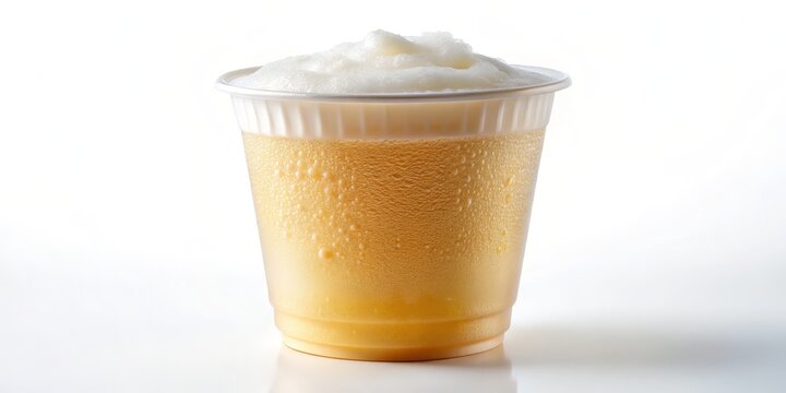 Cold Beer in Plastic Cup, white background, condensation, foam, refreshment, beer, drink - Powered by Adobe