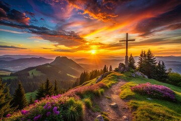 Breathtaking Sunset at Schoeckl Mountain Summit in Graz, Austria - Serene Meadows and Trees