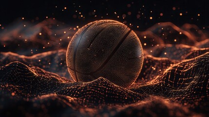 A basketball set against a futuristic digital landscape, illuminated with glowing particles, creating a dynamic and energetic visual effect.