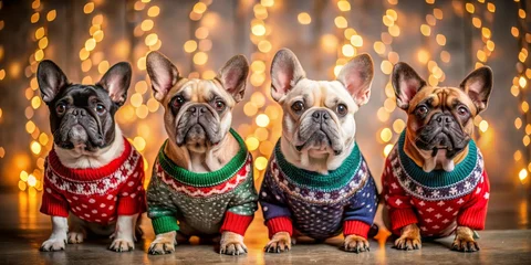 Gordijnen Four French Bulldogs Wearing Holiday Sweaters in Front of Christmas Lights, Frenchie ,Christmas Dog © BrilliantPixels