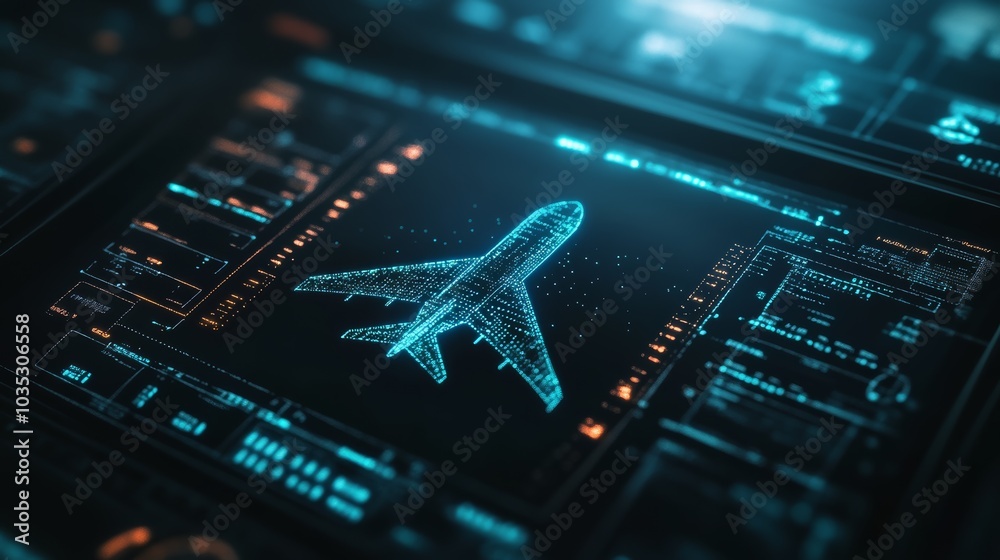 Poster Advanced digital airplane is displayed on a screen with various data, hinting at a cutting edge approach to travel and transport management in the future