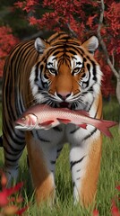 A full grown tiger holding a large fish in it's mouth