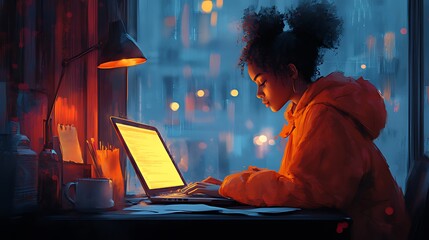 A young woman sits by a window, working on her laptop with a warm glow illuminating her face as she types away.