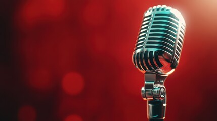 A beautifully detailed vintage microphone stands against a striking red background, symbolizing boldness and the timeless art of voice and music.
