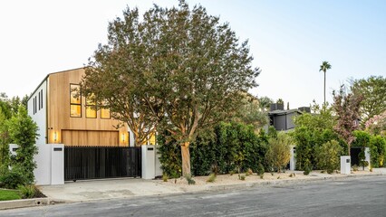 Fototapeta premium Modern house with wooden facade and greenery.