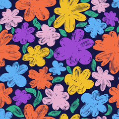 Seamless pattern grunge nature brush stroke floral. Fashion design for your textile and fabric, wrapping, any surface. Contour drawing. Vector with hand drawn daisy flowers pattern. Grunge line art.