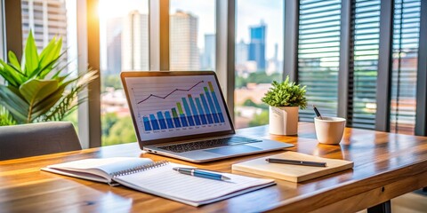 Laptop with Upward Trend Graph on Desk, Office, Business ,Productivity