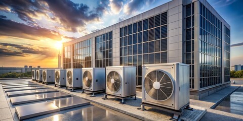 Modern Building Rooftop HVAC Units at Sunset, HVAC, Building