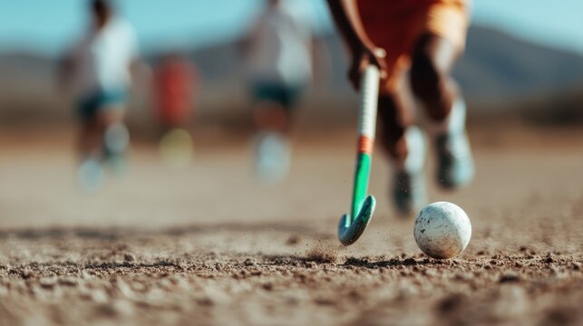A dynamic action shot shows a field hockey player swiftly maneuvering the ball on a dusty pitch, with teammates in the distance approaching to engage.