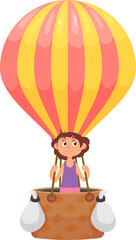 Girl fly in hot air balloon. Kid fantasy game
