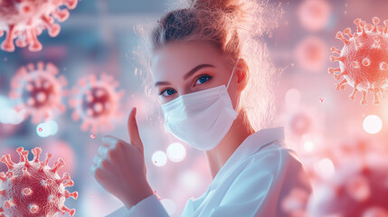 A young woman wearing a mask gives a thumbs up against a background of virus particles.