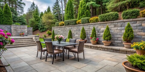 Obraz premium Modern Patio Design with Stone Wall and Greenery, patio design, outdoor living