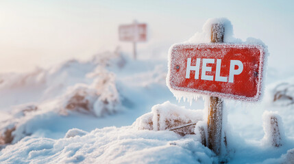 A red sign with the word 'HELP' written in white, is covered in frost and snow, standing in a snowy landscape.