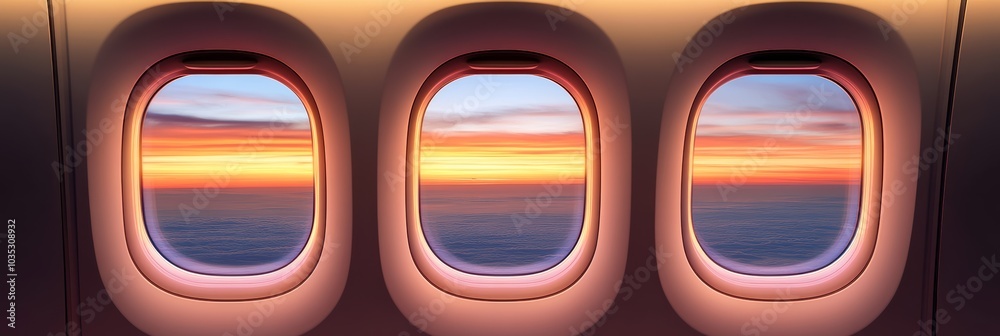 Poster watching the sunset from three airplane windows. the sky is painted in orange and blue hues. offerin
