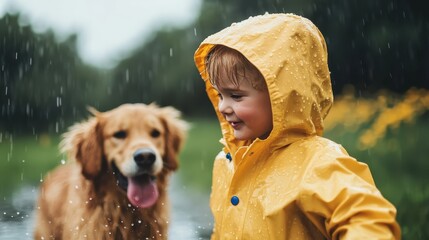 A cheerful child in a yellow raincoat enjoys a rainy day outdoors, accompanied by a happy golden retriever, celebrating the joy and freedom of childhood adventures.