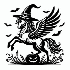A whimsical black silhouette of a winged horse wearing a witch's hat, surrounded by bats and a pumpkin, capturing a Halloween fantasy theme.