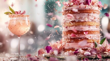 A sumptuous tall pink layered cake adorned with cascading petals, signifying abundance, elegance, and taste, with floating flowers creating a celebratory scene.