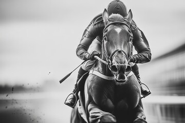 Fototapeta premium Jockey races on a horse, black & white