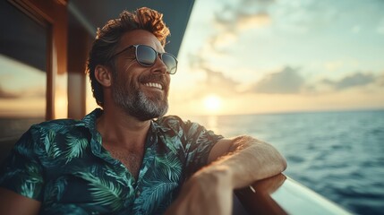 A content man wearing sunglasses and a patterned shirt leans on a cruise rail, soaking in the vibrant hues of an ocean sunset, embodying relaxation and delight.