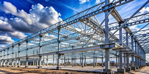 Steel Frame Construction Under a Cloudy Sky, construction, architecture, building