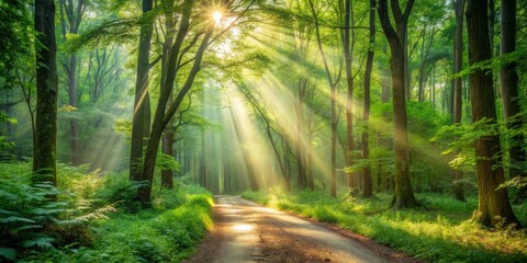 Obraz premium Sunbeams Through the Forest Trees, Path, Nature ,forest