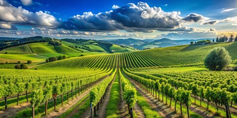 Fototapeta premium Vineyard Rows Under Dramatic Sky, Landscape, Rural , vineyard