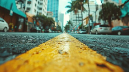 An urban street scene centered on a sharp yellow line, flanked by palm trees and diverse buildings, painting an energetic picture of city life and movement.