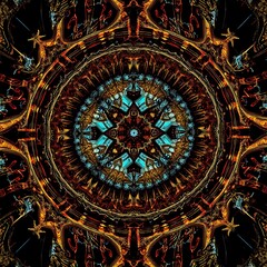 Obraz premium Psychedelic Fractal Mandala Abstract with Cosmic Symmetry and Kaleidoscopic Patterns for Meditation and Altered Consciousness Visualization