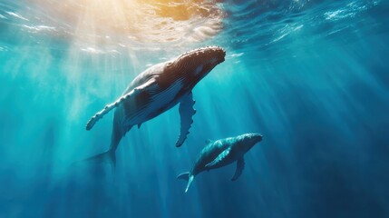 A pair of whales gracefully glide through the deep blue ocean, illuminated by sunlight streaming through the water's surface, creating a serene and majestic scene.