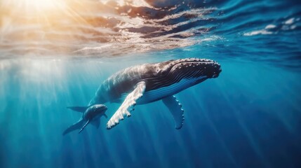 A mother whale and her calf swim together under the ocean's surface, with sunlight dancing across the water, highlighting their gentle and nurturing bond.