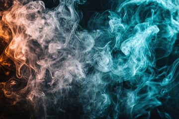 Whiffs of green glowing smoke and swirls of aromatic colorful incense against a Black background. Dramatic haze effect for a spooky Halloween background. with generative ai