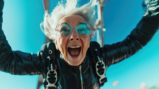 An older woman laughs with excitement mid-skydive, capturing a moment of sheer joy and adventure as she spreads her arms wide in a vivid sky.
