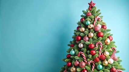 Giant Christmas tree decorated with candy cane against pastel blue background