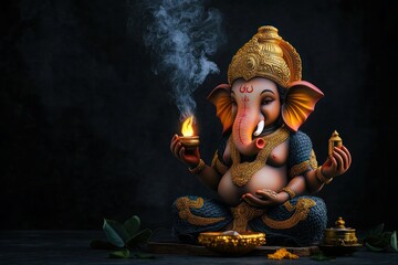 Vibrant Ganesha Statue Meditating with Oil Lamp - High-Resolution, Photorealistic, Cinematic Lighting Full-Body Shot on Black Background