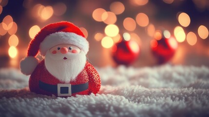 A whimsical background with a cheerful Santa ornament in vibrant red, surrounded by light golden bokeh, creating a festive atmosphere for holiday celebrations.