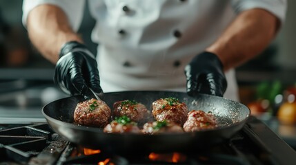 A chef skillfully prepares savory meat patties on a black stove, wearing black gloves, highlighting the artistry and precision of culinary craftsmanship.