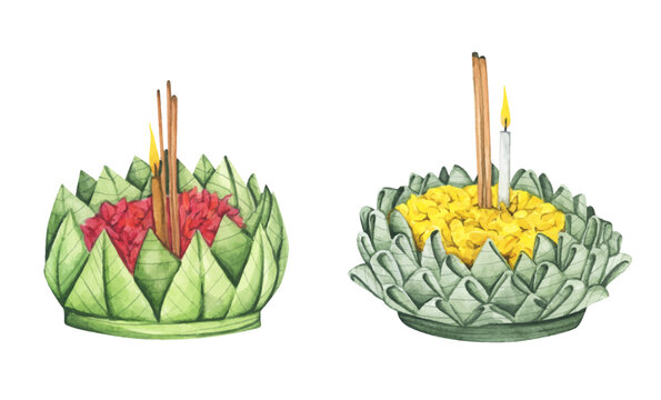 Watercolor painting of krathong. Loy krathong festival illustration element.