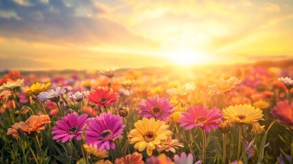 Fototapeta premium Colorful Wildflowers Blooming in a Field at Sunset