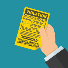 A hand presents a violation ticket on a blue background in flat design style