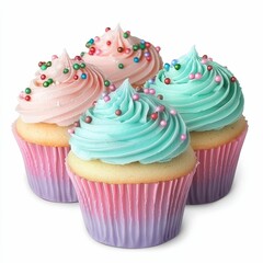 Vibrant cupcakes with pastel frosting and colorful sprinkles, perfect for celebrations or sweet treats.