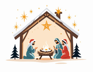 christmas nativity scene with family isolated on a white background