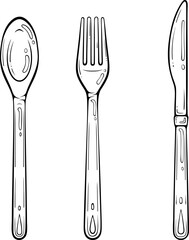 Set cutlery of fork, spoon and knife. Dinner service collection. Kitchen utensils for food. Vector illustration in hand drawn sketch doodle style. Line art isolated on white for coloring book, print