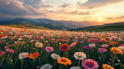 Colorful Flower Field at Sunset with Distant Mountain Range