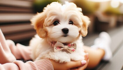 Cute Maltipoo puppy with bow on its collar