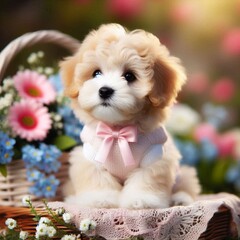 Maltipoo puppy sitting in basket with flowers. Greeting card