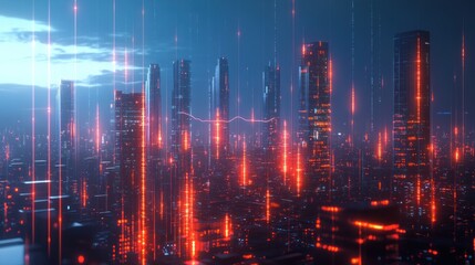 Fototapeta premium Futuristic cityscape with blockchain elements and digital connectivity. Abstract landscape of future metaverse city